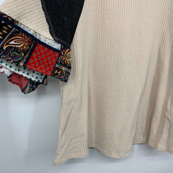 Umgee Top Waffle Knit Patchwork Flare Sleeve V Neck Tunic Pockets - Picture 11 of 11